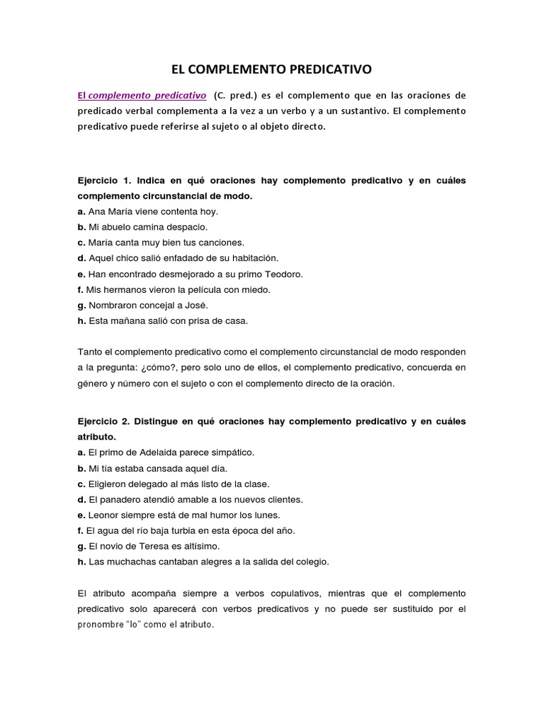 Complemento Predicativo en Oraciones | PDF | Artes del Lenguaje y ...