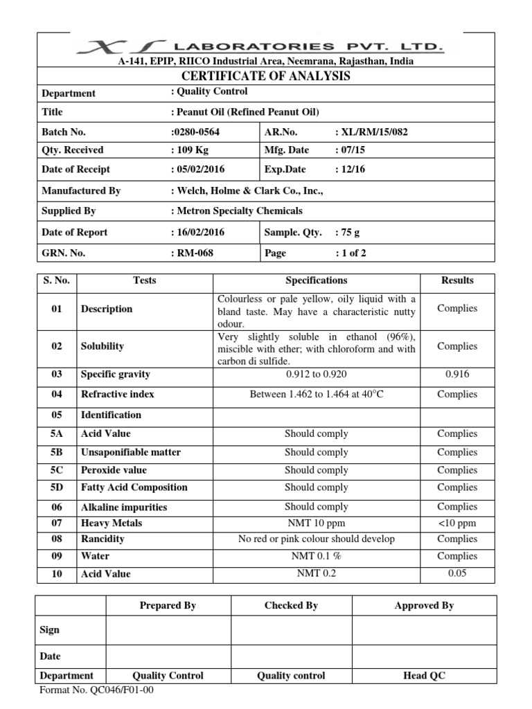 Peanut Oil RM COA PDF Chemistry Physical Sciences