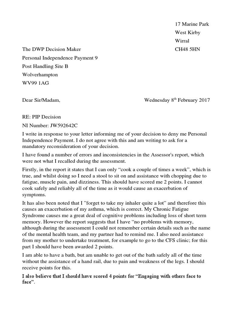 Pip Reconsideration Letter Chronic Fatigue Syndrome Anxiety