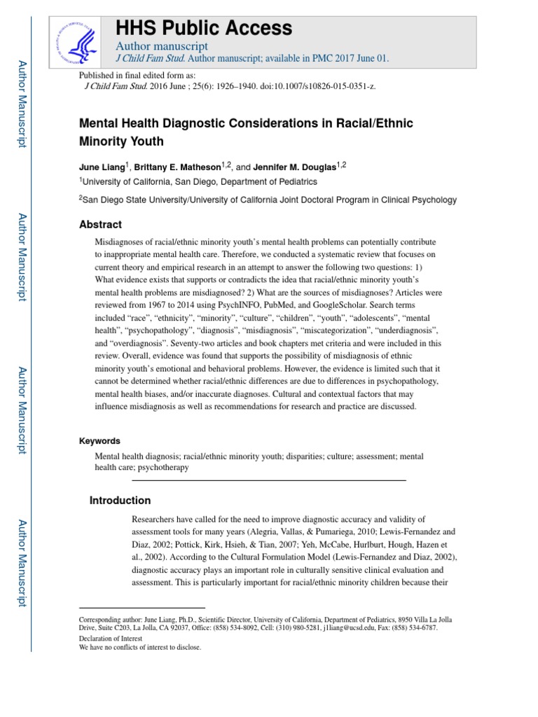 Misdiagnosis of Minority Youth Mental Health | PDF | Diagnostic And ...
