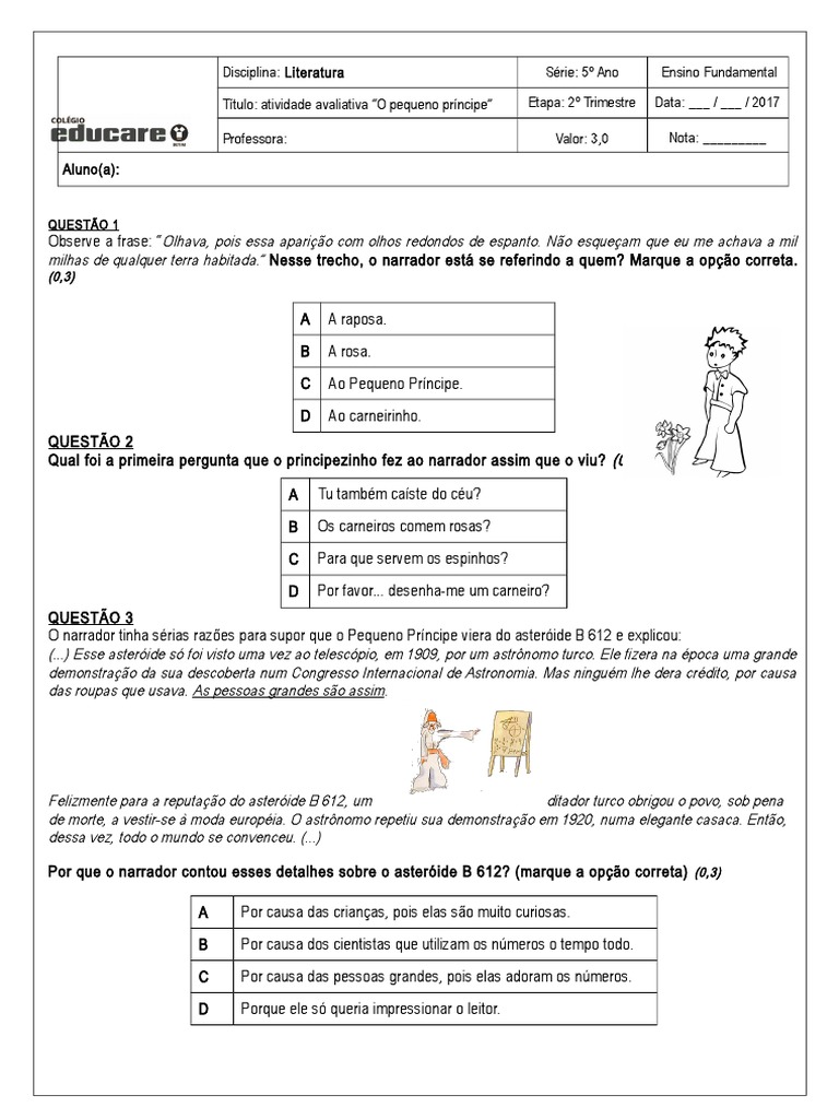 Atividade Avaliativa o Pequeno Principe | PDF | O Pequeno Príncipe ...