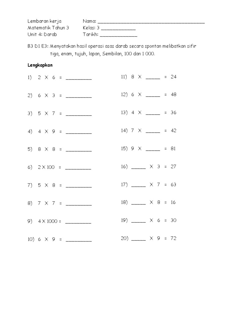 Lembaran Kerja Sifir Darab Boleh Cetak Lembaran Kerja Matematik