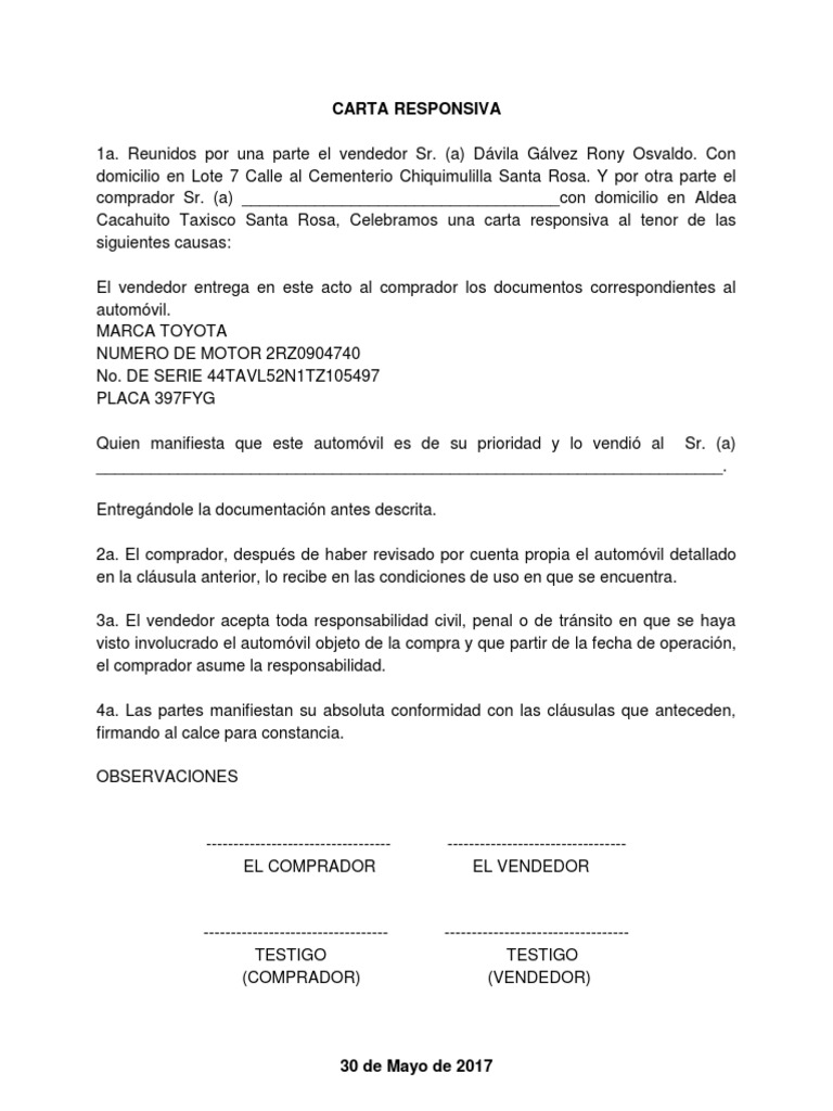 Carta Responsiva De Compraventa De Auto Pdf Bodymultiprogram