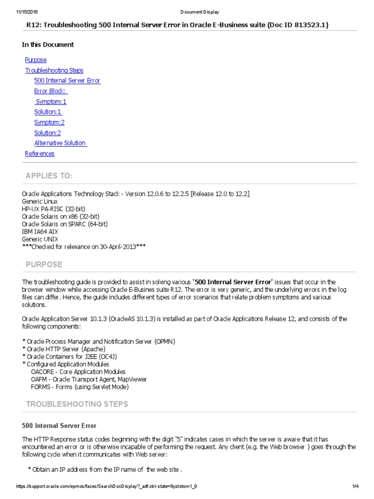R12 Troubleshooting 500 Internal Server Error in Oracle