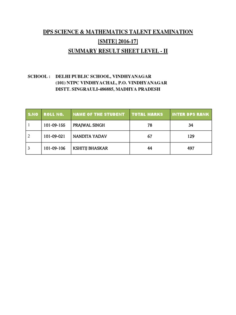 DPS Science & Math Exam Results 2016-17 | PDF