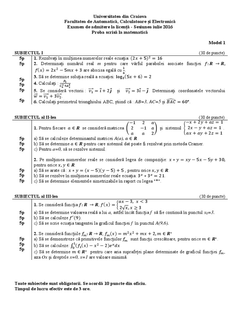 Modele Subiecte Matematica 2016 | PDF