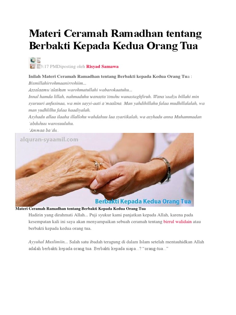 Materi Ceramah Ramadhan Tentang Berbakti Kepada Kedua Orang Tua