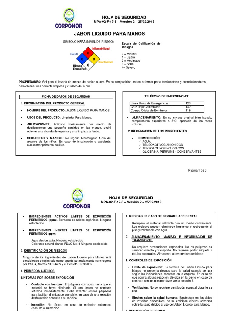 Hoja de datos de Seguridad Jabon Liquido Manos 2015 Jabón Toxicidad