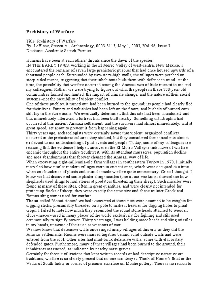 Prehistory of Warfare Steven A LeBlanc PDF  PDF  Ancestral Puebloans 