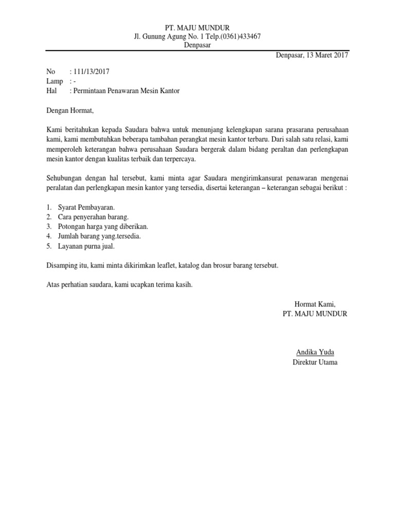 Contoh Surat Penawaran Barang Bentuk Full Block Style Berbagai Contoh