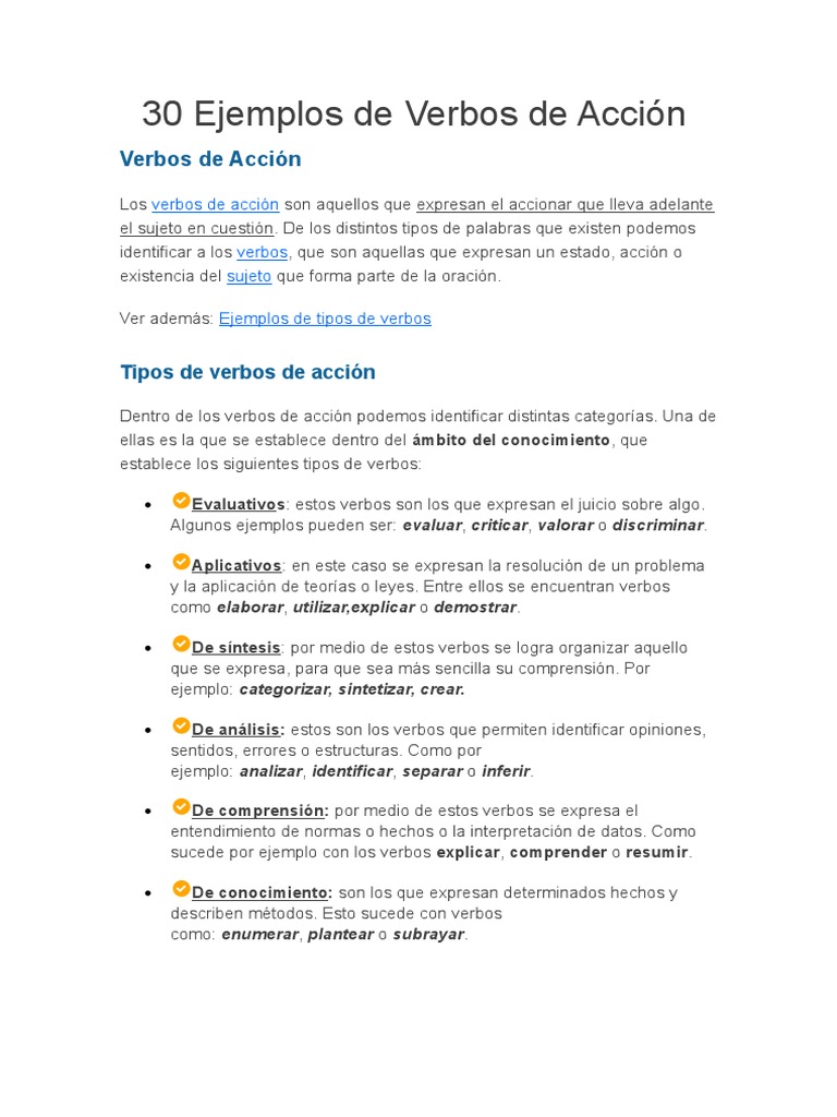 30 Ejemplos de Verbos de Acción Verbo Asunto (gramática)