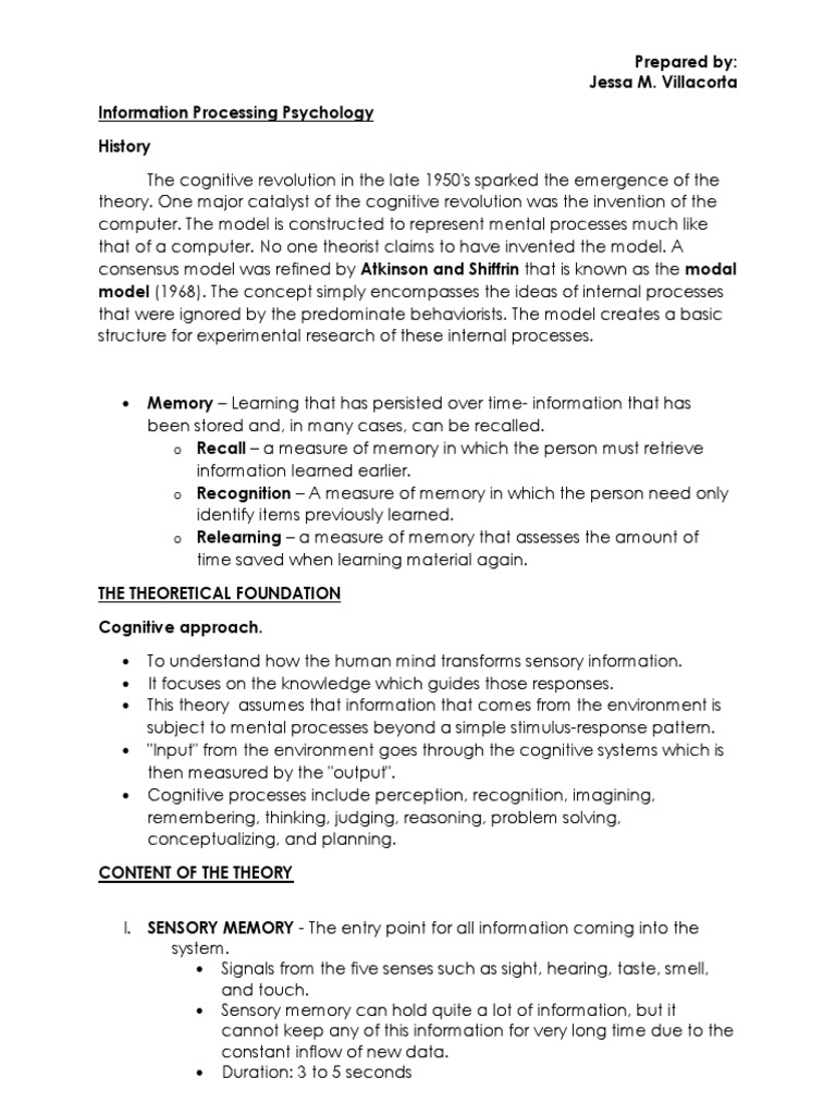 Information Processing Psychology Write Up | PDF | Memory | Recall (Memory)