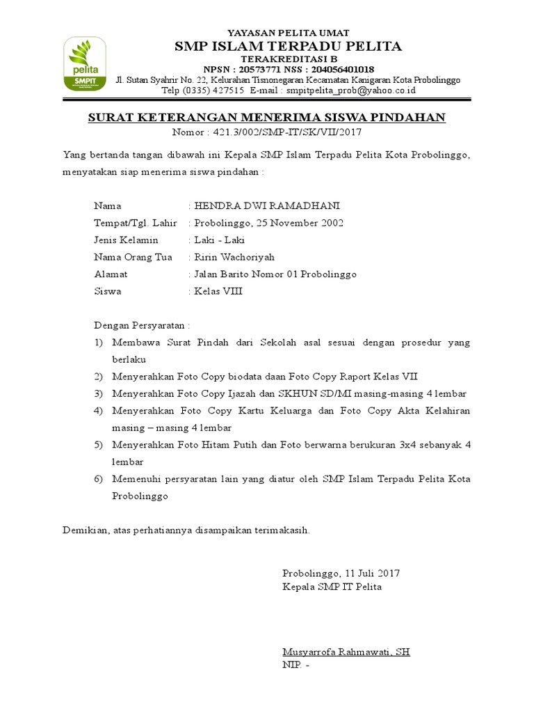 002 Surat Keterangan Menerima Siswa Dahan Hendra