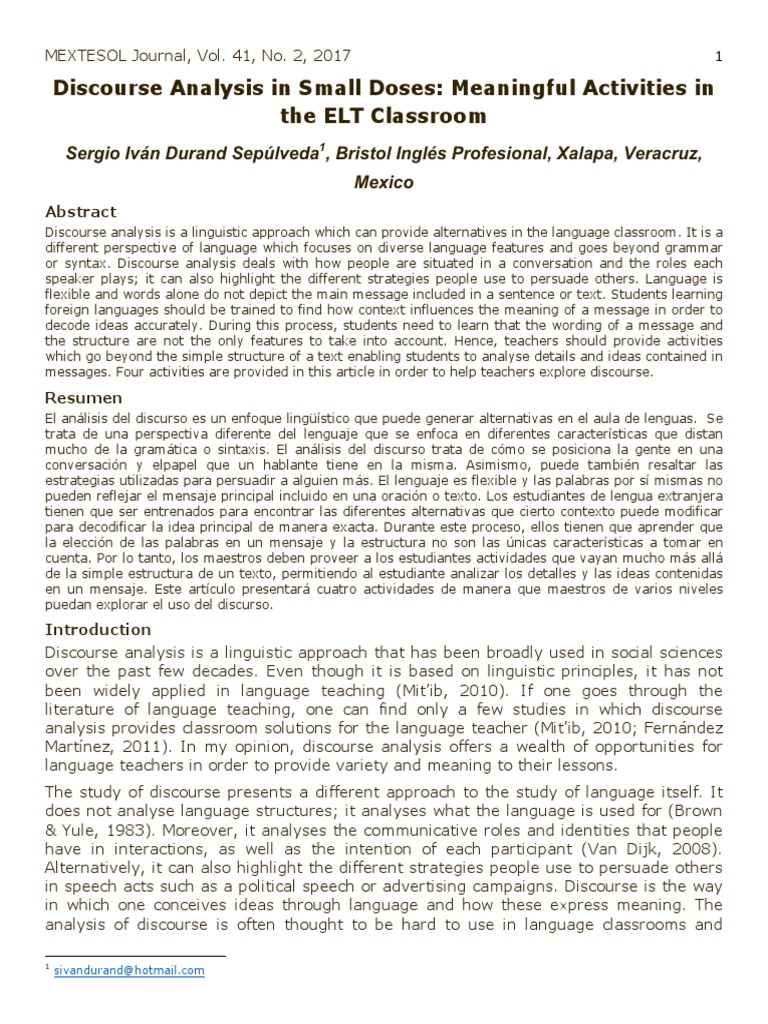 Discourse Analysis In Small Doses Meaningful Activities In The Elt