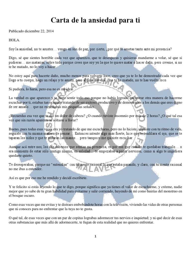 Carta de La Ansiedad para Ti PDF Verdad Realidad