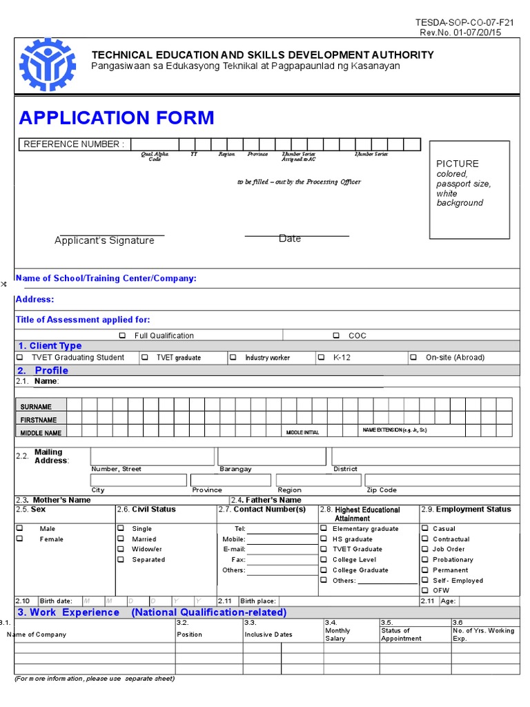 TESDA Application Form Guidelines | PDF | Vocational Education | Labour