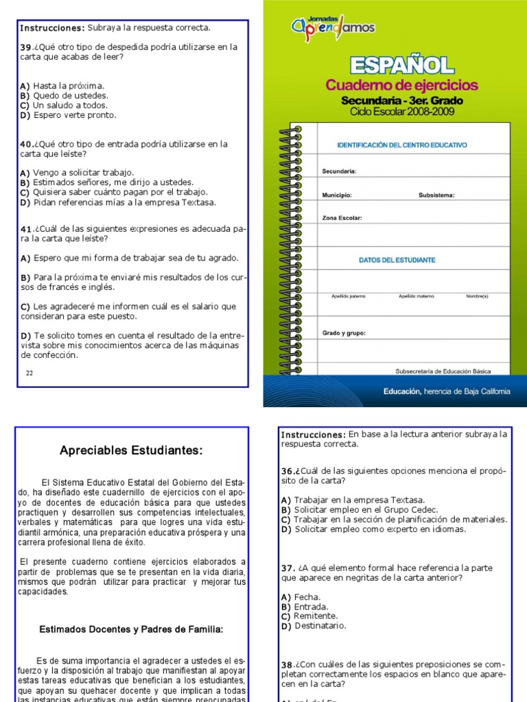 Español. Cuaderno de ejercicios. Secundaria. 3er Grado