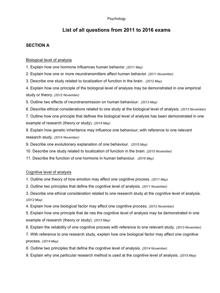 IB Psychology List of All Past Exam Questions Earth & Life Sciences