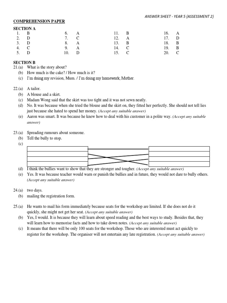 Year 5 Comprehension Assessment Answers | PDF