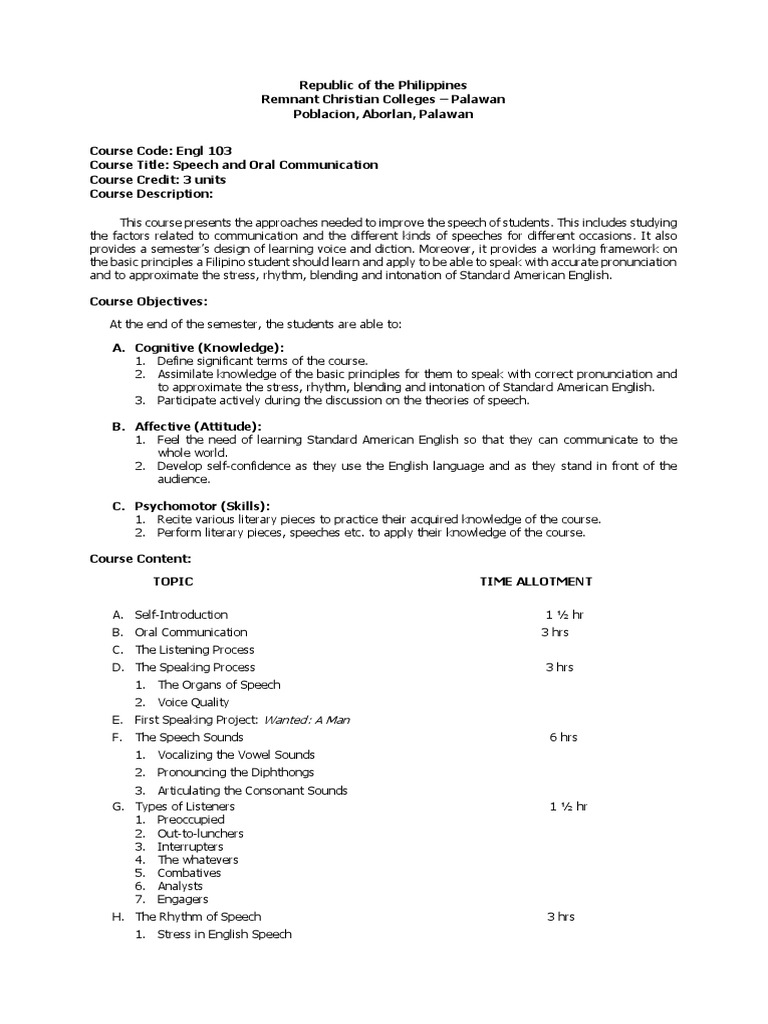 Syllabus On Speech and Oral Communication PDF