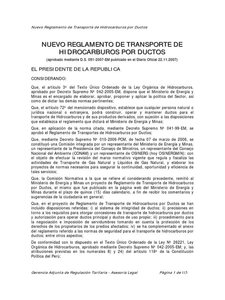 Reglamento de Transporte de Hidrocarburos | PDF | Transporte | Regulación