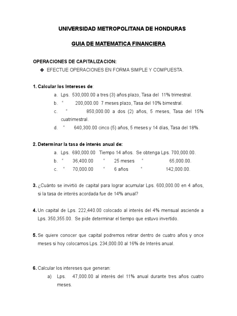 Guia de Matematica Financiera | PDF | Finanzas Matemáticas | Enseñanza ...