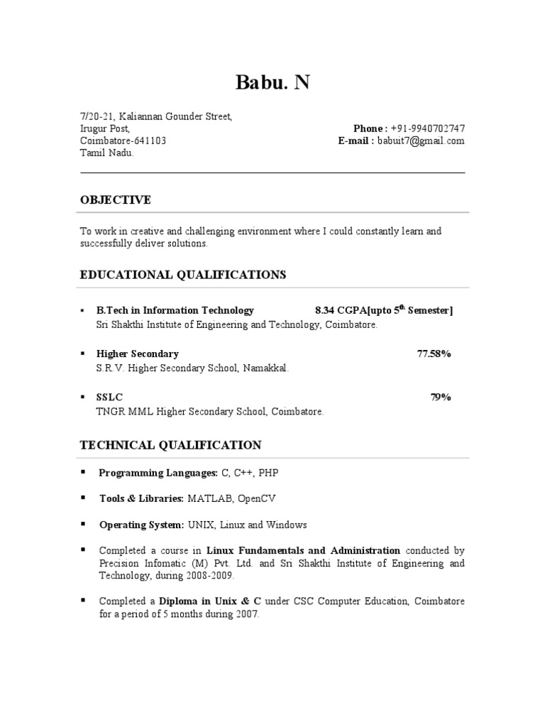Babu N: IT Graduate Resume Overview | PDF | Mentorship | C (Programming ...