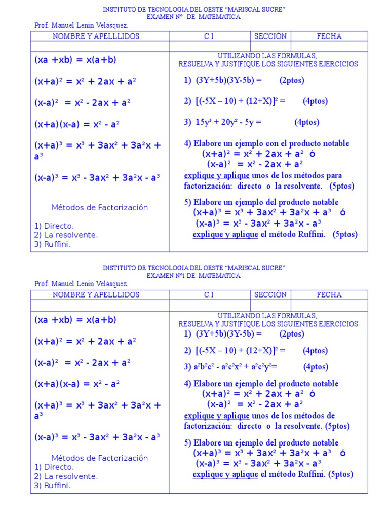 Examen Productos Notables y Factorizacion Factorización