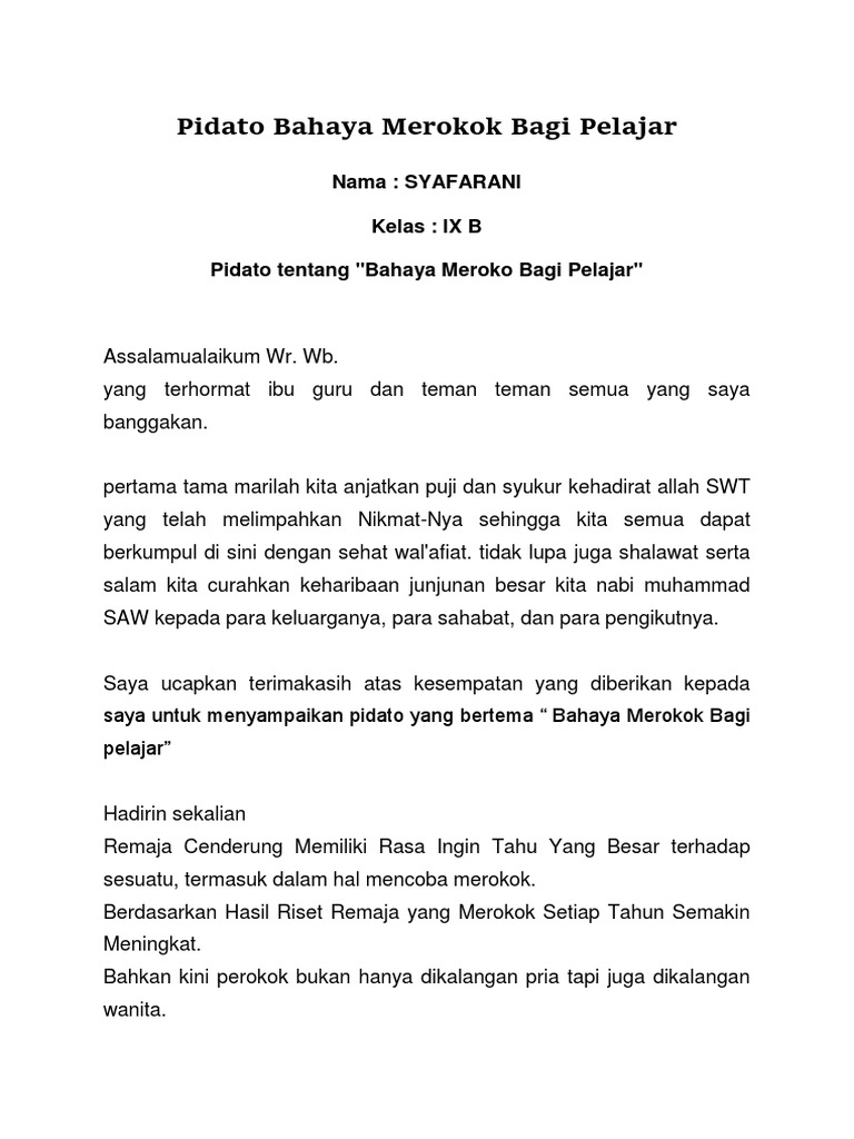 Pidato Bahaya Merokok Bagi Pelajar