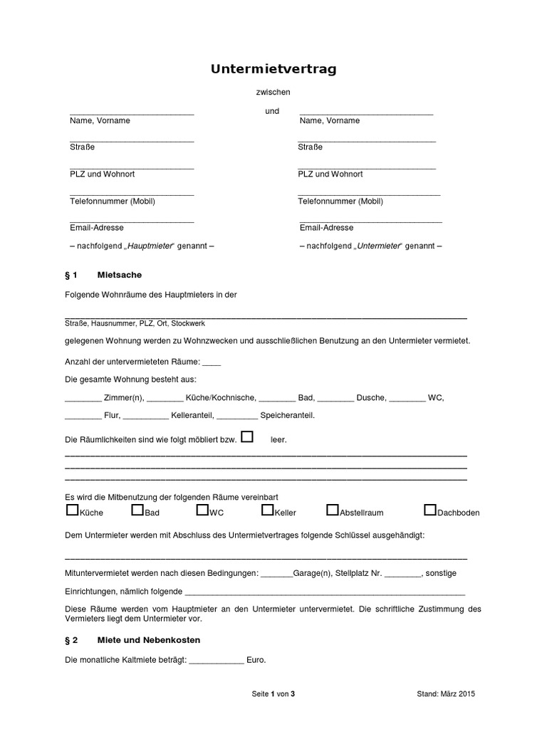 Untermietvertrag Muster 2015