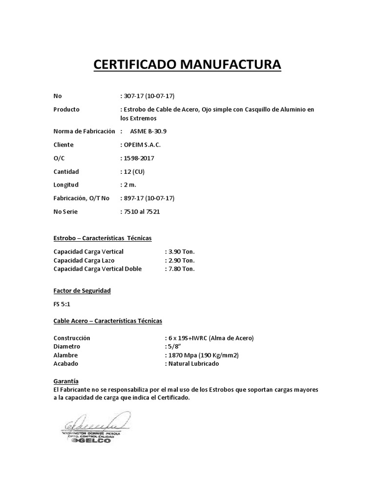 Certificado Manufactura | PDF
