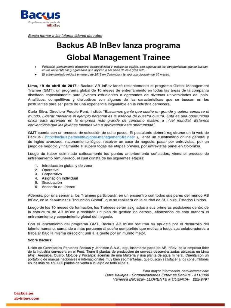 Backus Ab Inbev Lanza Programa Global Management Trainee PDF Business