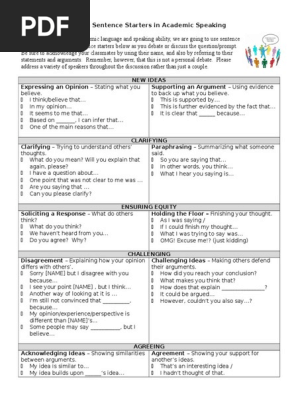 sentence starters debate notes and discussion cards