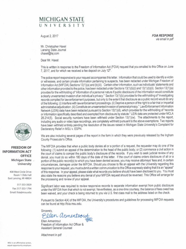 Michigan State University FOIA response for football sexual assault report