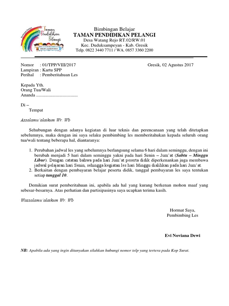 Surat Pemberitahuan Bimbingan Belajar