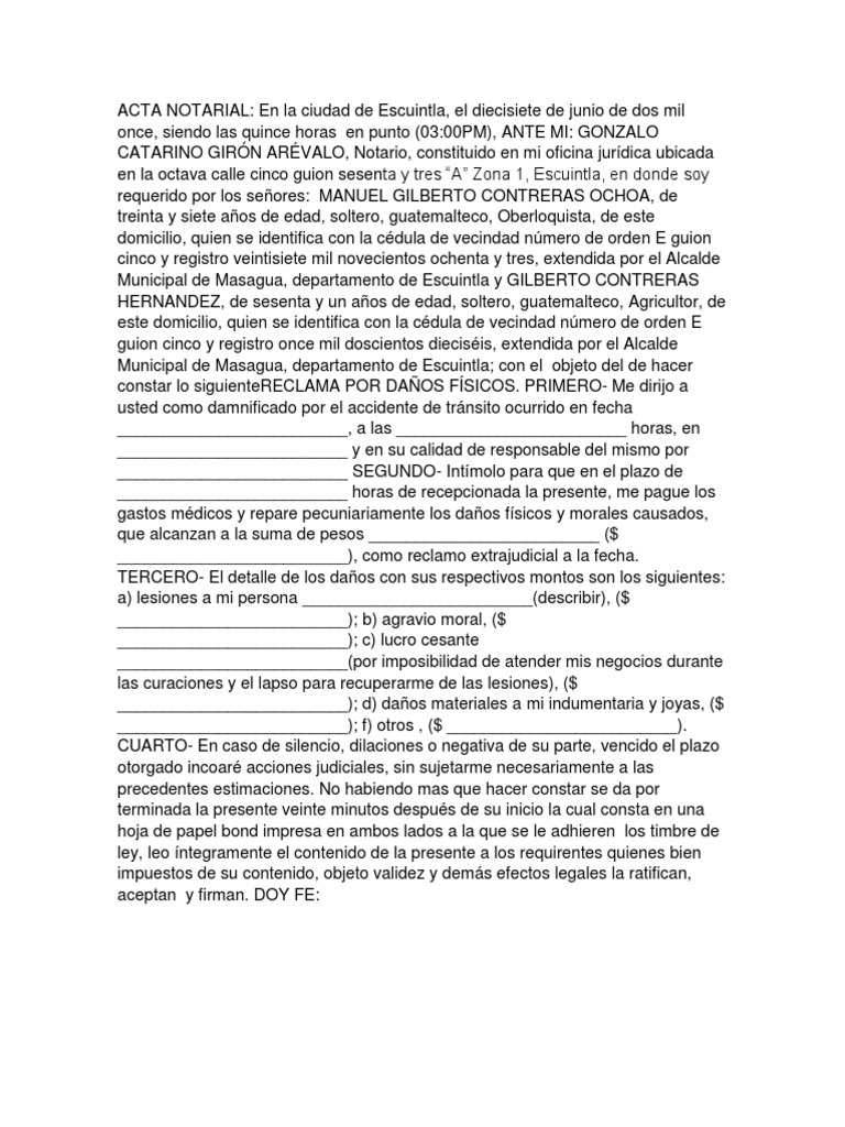 Contrato de Finiquito Extrajudicial Por Un Hecho de Transito