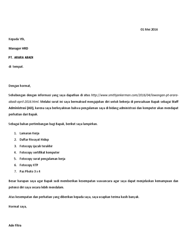 Contoh Surat Lamaran Kerja Untuk Staff Administrasi - Berbagi Contoh Surat