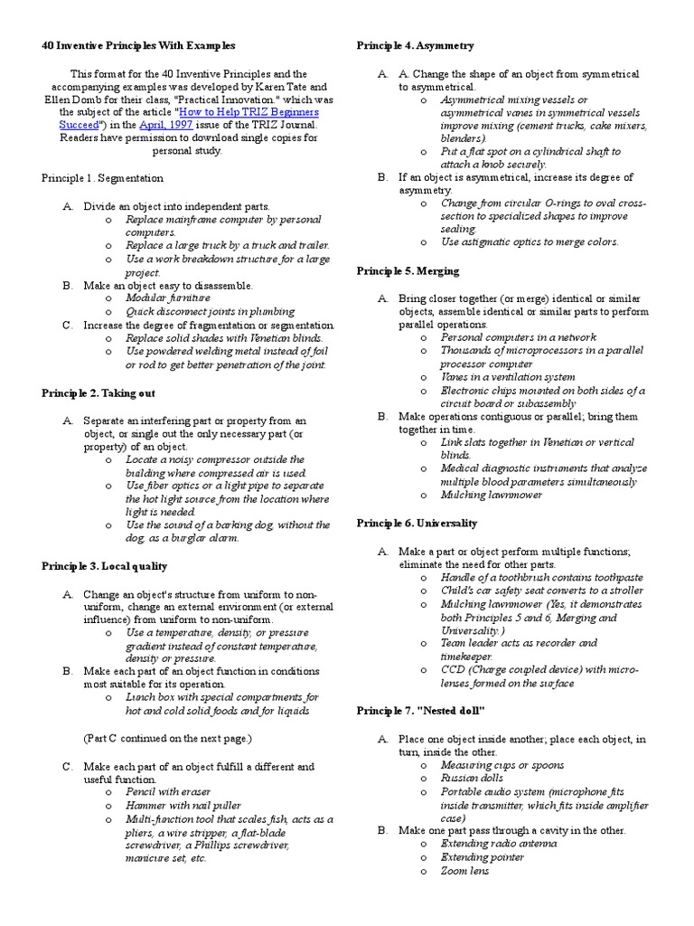 TRIZ - 40 Inventive Principles With Examples | PDF | Oxygen ...