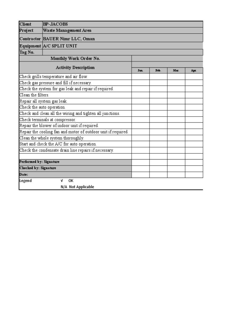 Split AC Maintenance Checklist | PDF | Air Conditioning | Engineering ...
