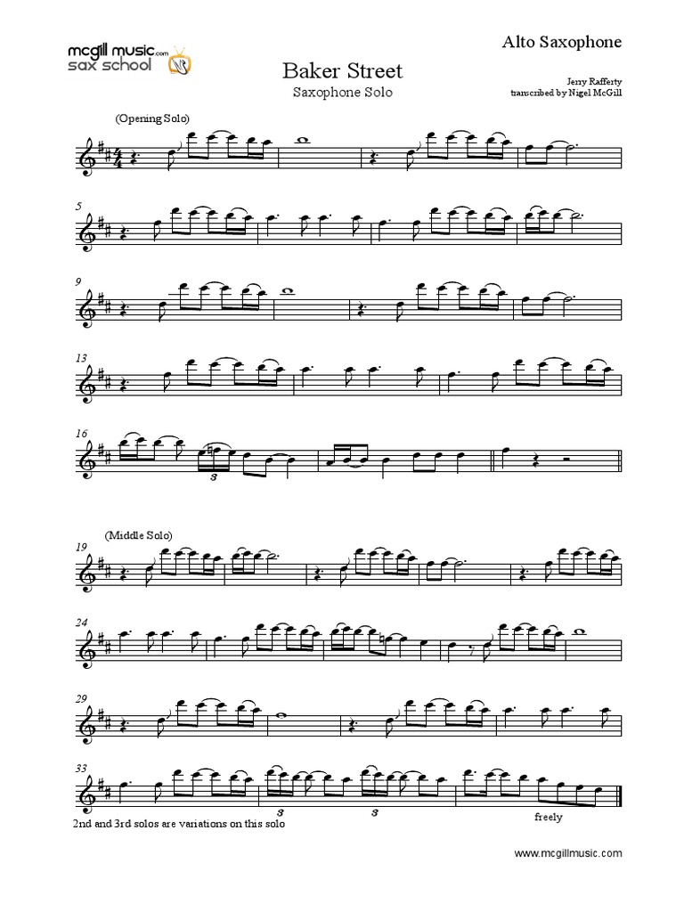 Baker Street Alto Sax Solo Sheet Music | PDF | Songs Written | British ...