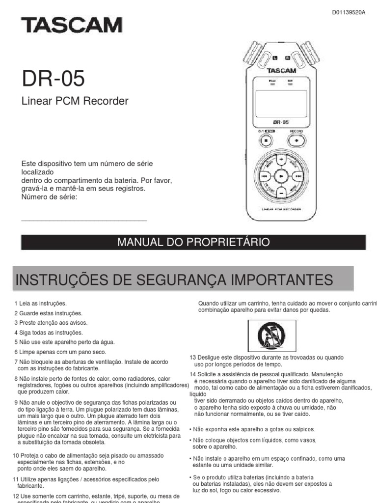Manual em Português do gravador Tascam DR05. Desperdício Direitos