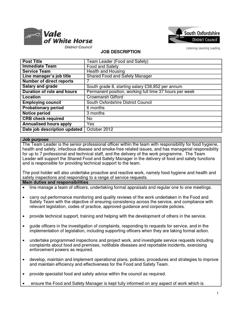 Team Leader (Food and Safety) Job Description 201210117 Food Safety