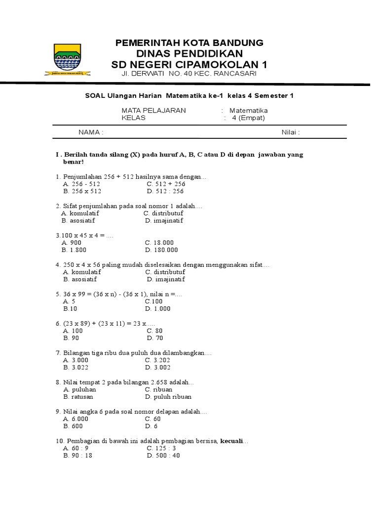 Soal Ulangan Harian Ke 1 Matematika Kelas 4 Semester 1