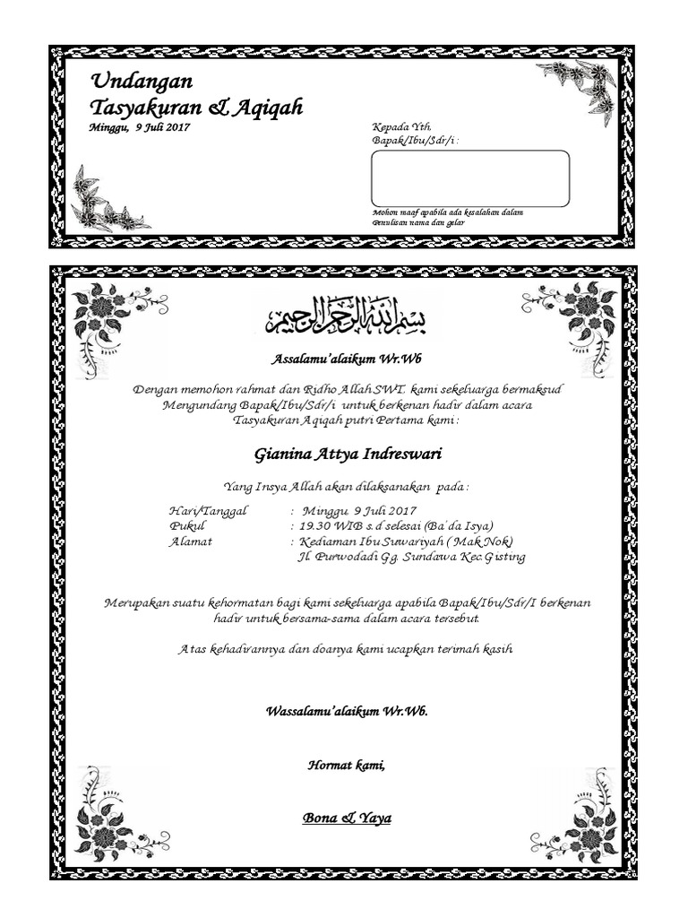 Contohsuratindonesiacom Contoh Surat Undangan Aqiqah