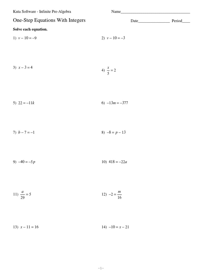 One-Step Equations With Integers PDF | Equations | Mathematical Objects