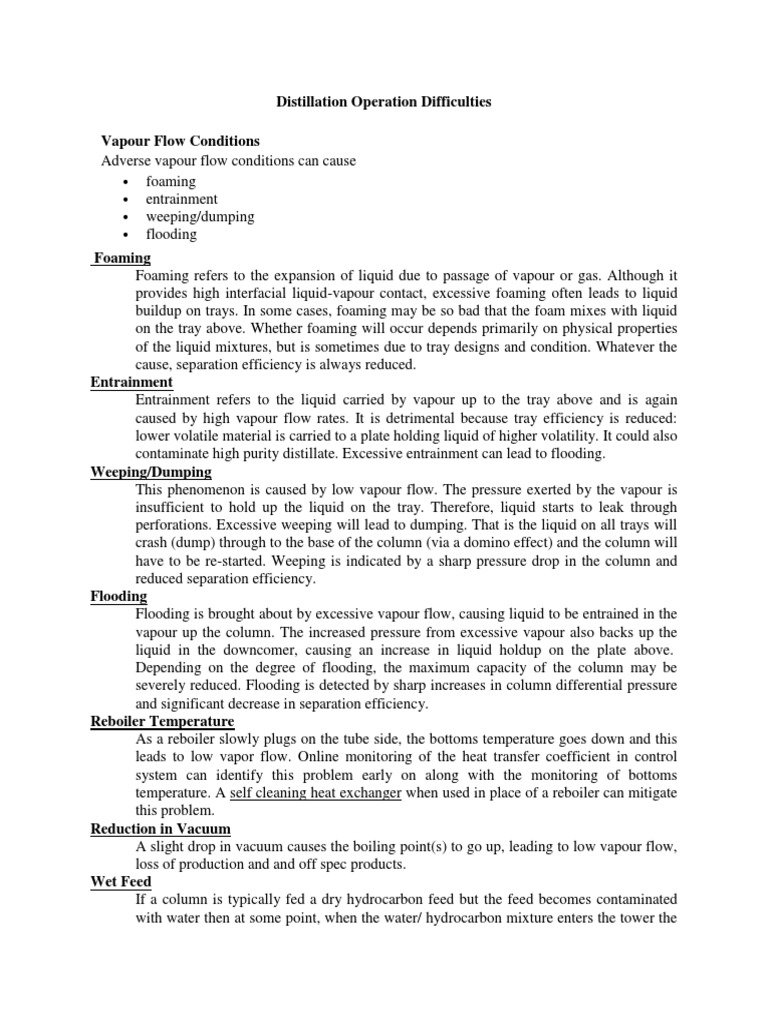 Distillation Operation Difficulties | PDF | Distillation | Vapor