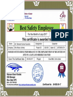 Ramesh Kumar Kusvaha Best Safety Employee Award Certificate For Month July 2017