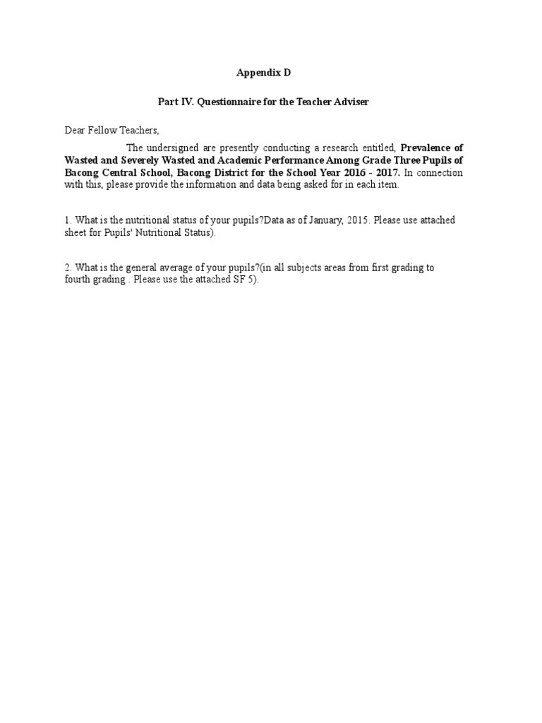 Appendix D Part IV. Questionnaire For The Teacher Adviser | PDF