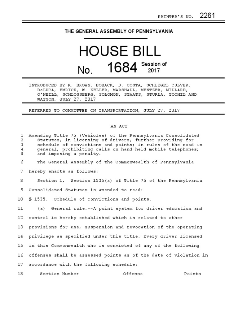 House Bill 1684 The General Assembly Of Pennsylvania Traffic Light
