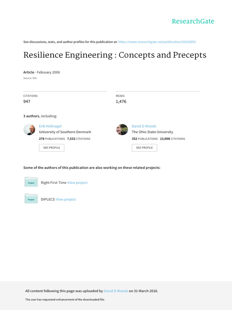 Resilience Engineering Concepts And Precepts Pdf Psychological